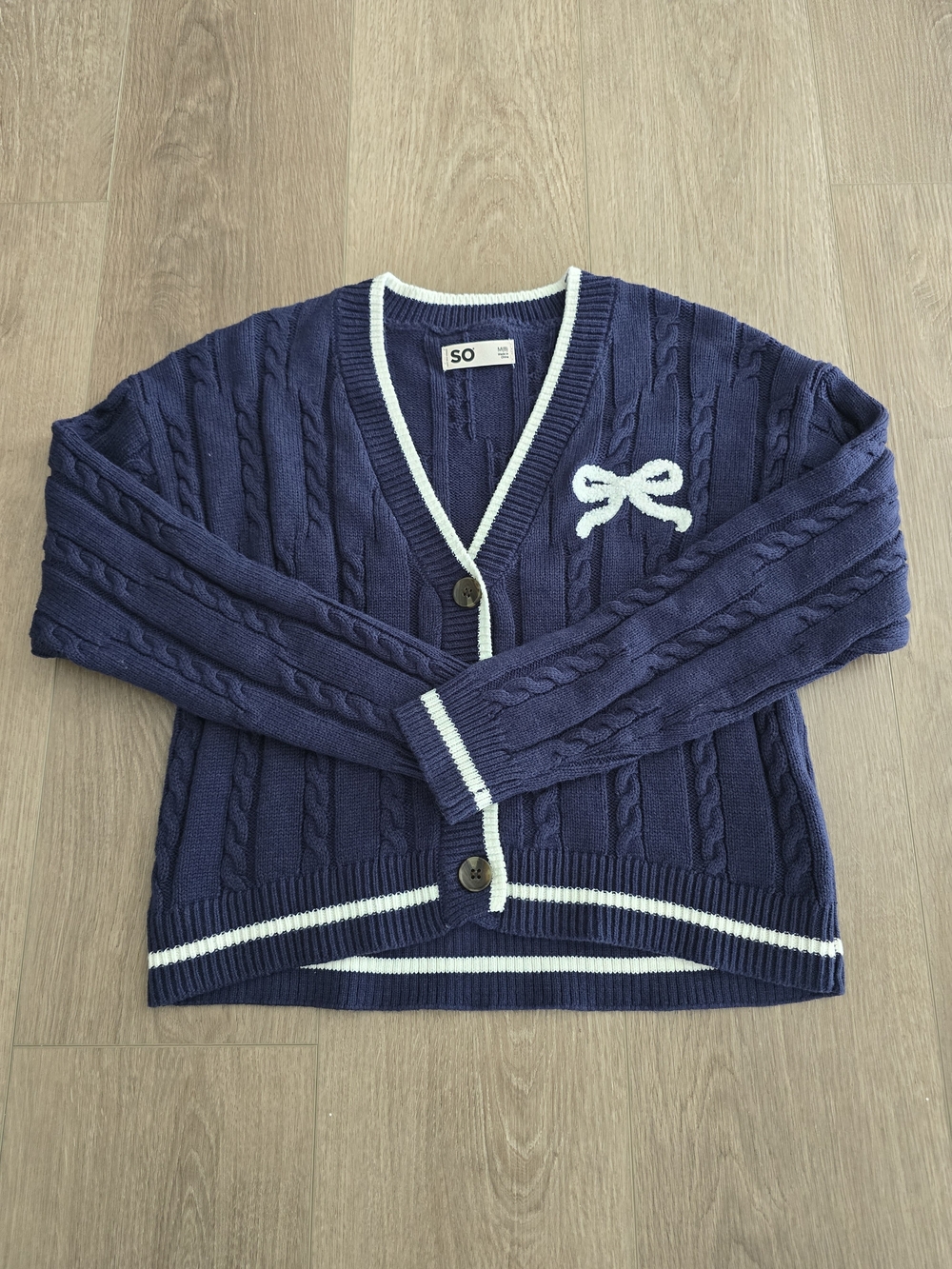 SO Girls Cable Knit Cardigan Sweater Navy Bow Preppy Coquette Size Medium 8